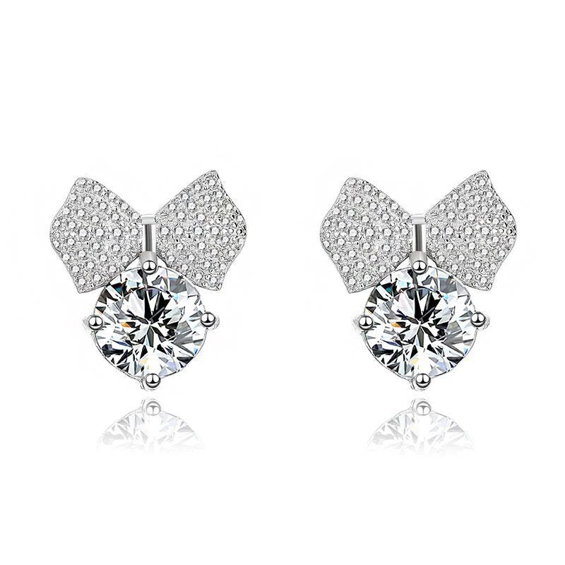 Personality cute bow diamond zircon 925 sterling silver women sweet small bow knot stud earrings
