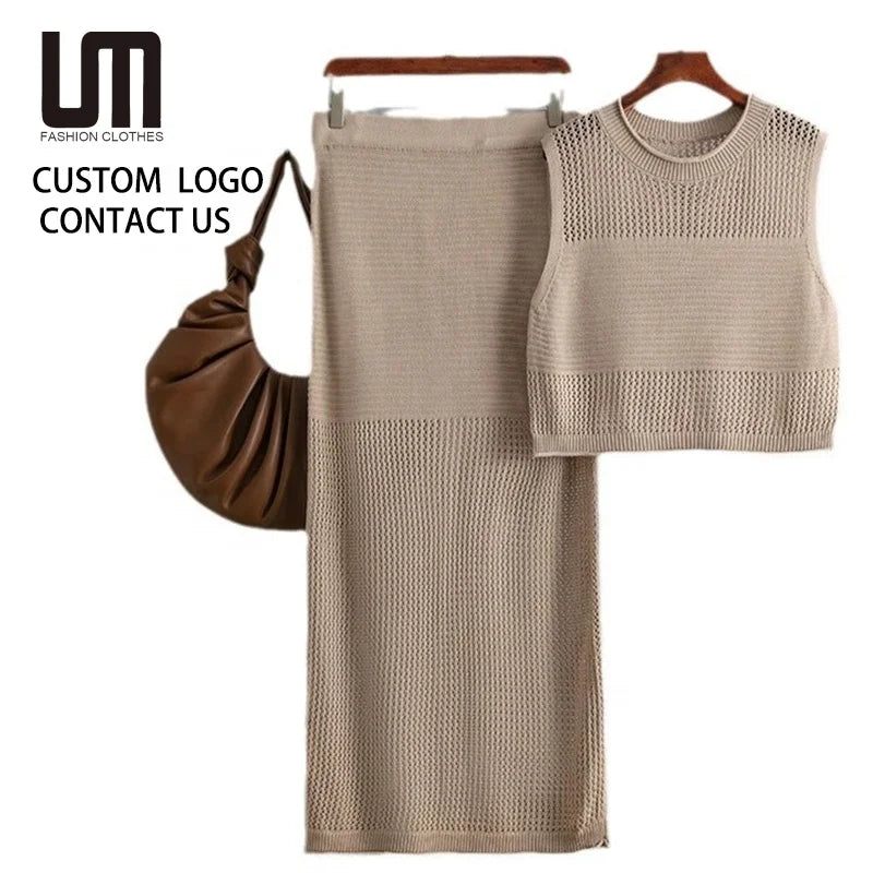 Liu Ming New Women's Knitted Sleeveless Beach Vest & Hollow-Out Skirt Summer Holiday Casual Outfits