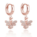 Rose Gold Plated 925 Silver Bee Drop Huggie Earrings CZ Accent Hypoallergenic Rhodium Zircon Plain Hoop Closure Everyday Jewelry