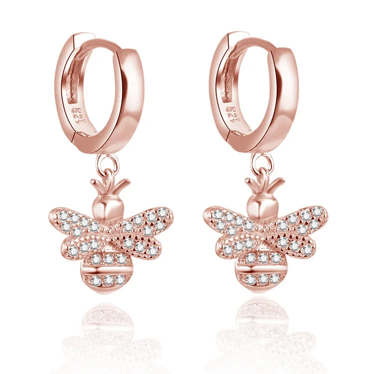 Rose Gold Plated 925 Silver Bee Drop Huggie Earrings CZ Accent Hypoallergenic Rhodium Zircon Plain Hoop Closure Everyday Jewelry