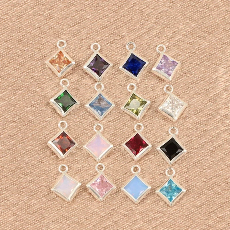 S925 Sterling Silver Square Birthstone Charms With Single Loop Geometric Colorful Zirconia Pendant Connectors for Jewelry Making