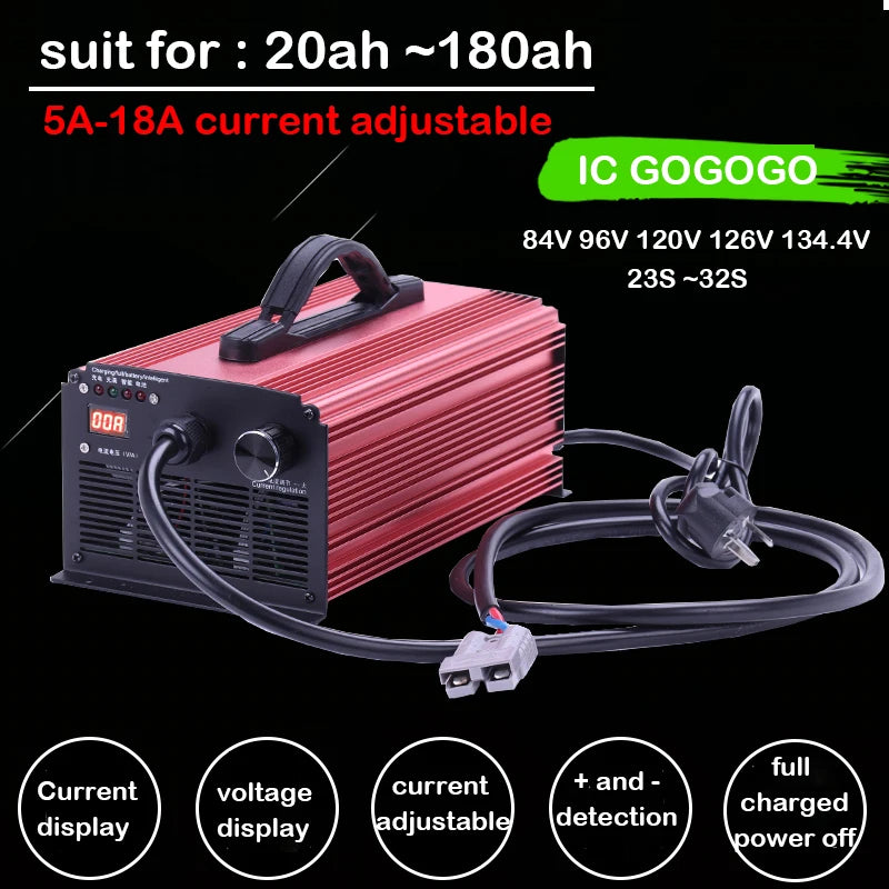 84V 96V 120V 126V 100.8V 134.4V Lithium Battery Charger 5A to 18A Li-ion Lifepo4 Fast Current Adjustable 22S 24S 26S 28S 30S 32S