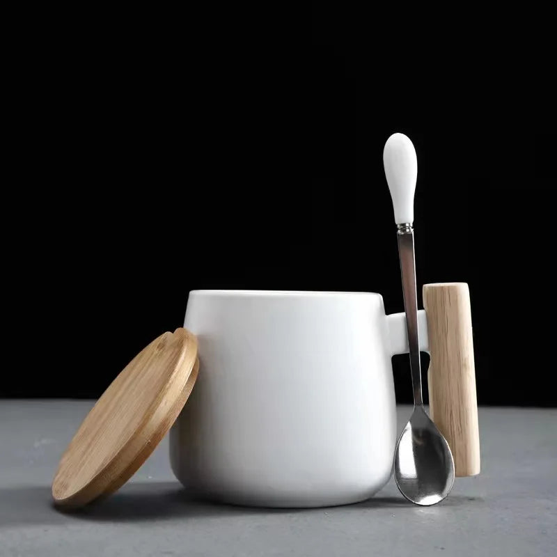 Nordic Porcelain Mug Bamboo Lid Ceramic Cup With Lid and Spoon Wooden Handle Ceramic Coffee Mug