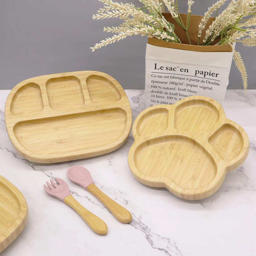 Factory Baby Eating Kids Tableware Animal Children Divided Bamboo Baby Plates Suction