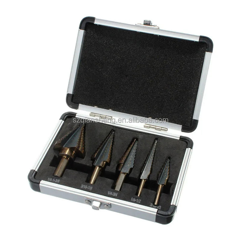 5Pcs Titanium Step Drill Bits Set High Speed Steel With Aluminum Case