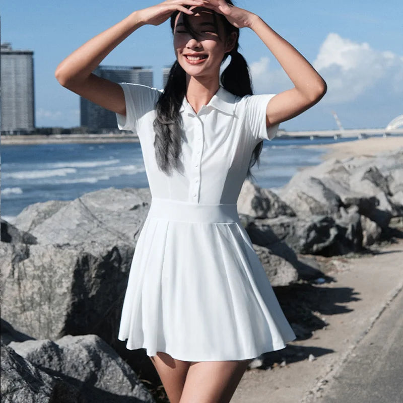 Buttons Details New Design Collar Ladies Luxury Polo Golf Dress Pleated Skirts Women Tennis Dress