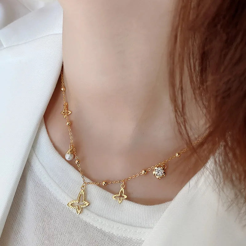 Fashion Pearl Zircon 18K Gold Plated Beads Chain Necklace Hollow 925 Sterling Silver Butterfly Charm Pendant Necklace