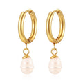 14K Gold Plated Hoop Pearl Earrings Statement Stainless Steel Freshwater Pearl Huggie Earring for Women Jewelry Gift
