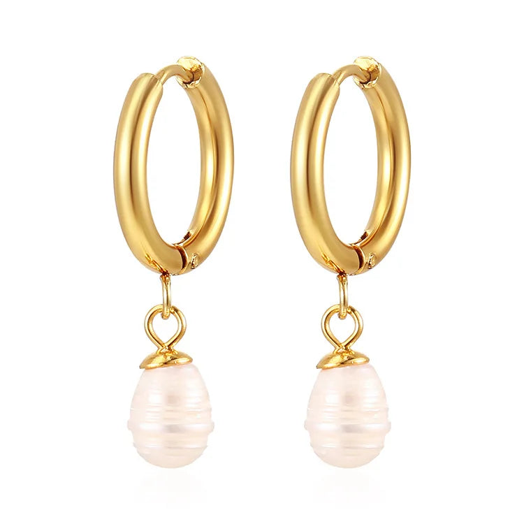 14K Gold Plated Hoop Pearl Earrings Statement Stainless Steel Freshwater Pearl Huggie Earring for Women Jewelry Gift