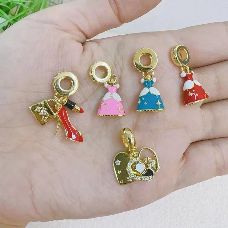 CZ9010 Gold Plated Enamel Plane Passport Suitcase Red Dress Bag & Heels Slider Dangle Charms for DIY Jewelry Necklace Bracelet