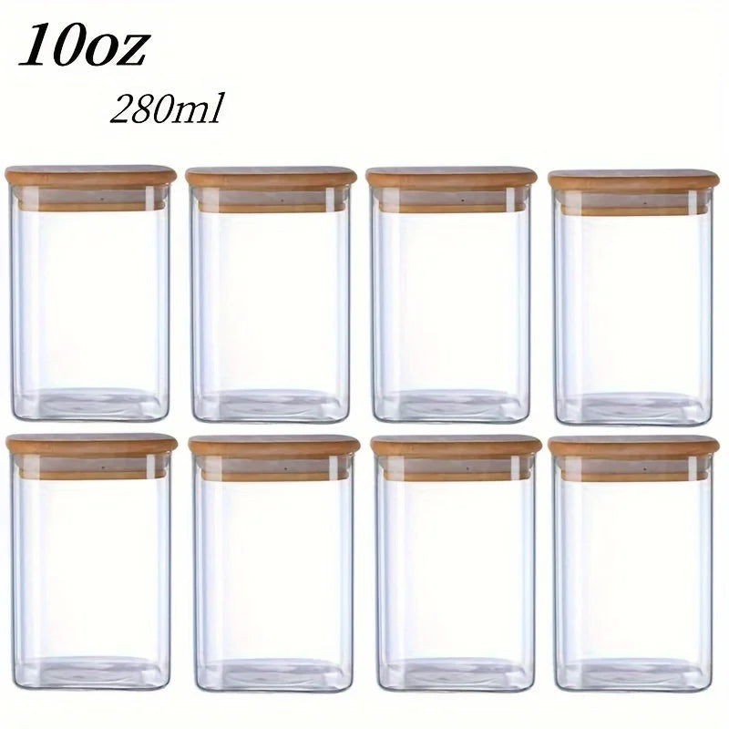 YOLOWE HOME 8pcs 280ml Square Borosilicate Glass Storage Jar with Sealed Bamboo Lid Bulk Food & Spice Kitchen Storage Jar