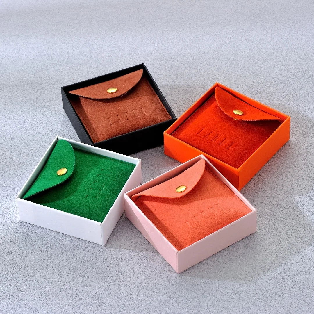 Custom Logo Thick Jewelry Pouch Metal Snap Button Pouch Suede Microfiber Custom Jewelry Cards Packaging Necklace Velvet Pouch