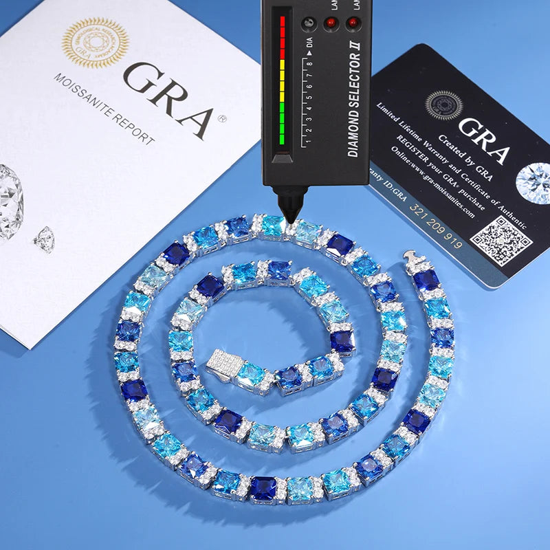 New Arrival Summer Blue Gradient Color CZ 925 Sterling Silver Tennis Chain Iced Out Moissanite Fashion Colorful Necklace