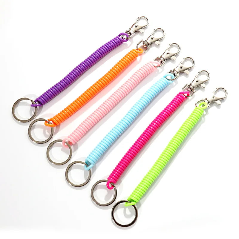 Plastic Spring Coil Elastic Keychain Anti-lost Retractable Stretch Cord Safety Key Ring with Metal Lobster Clasp