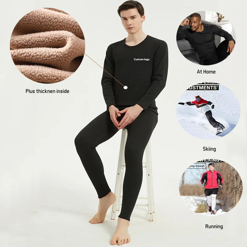 Custom Men's Thick Winter Breathable Thermal Fleece Underwear Set with Long Sleeve Top and Bottom