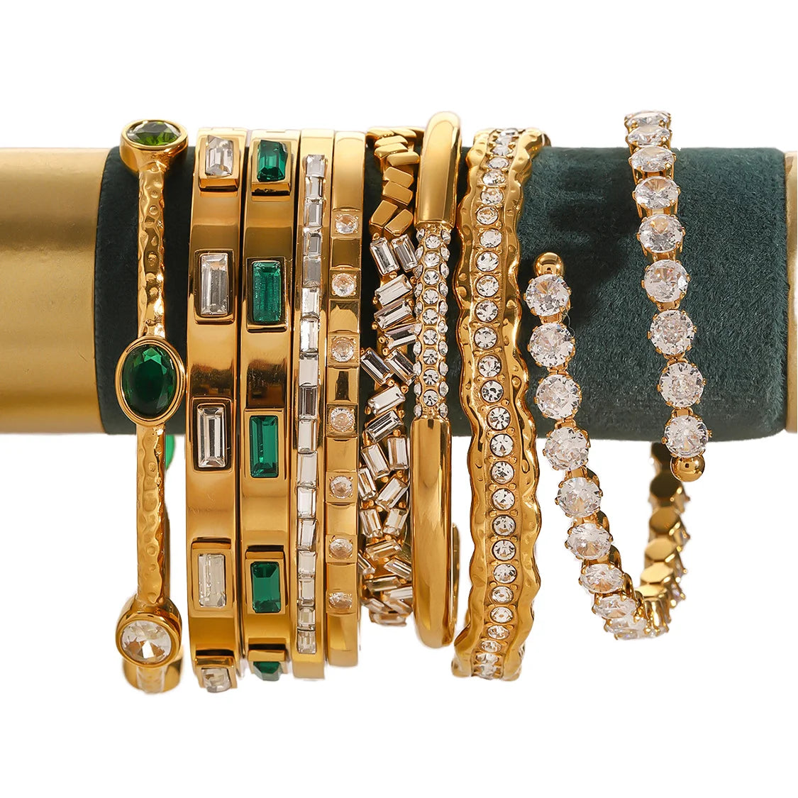 Aretas Bling Luxury Gold Plated 316L Stainless Steel Statement Stone Bangle Set Chunky Leaf Pattern for Weddings Parties