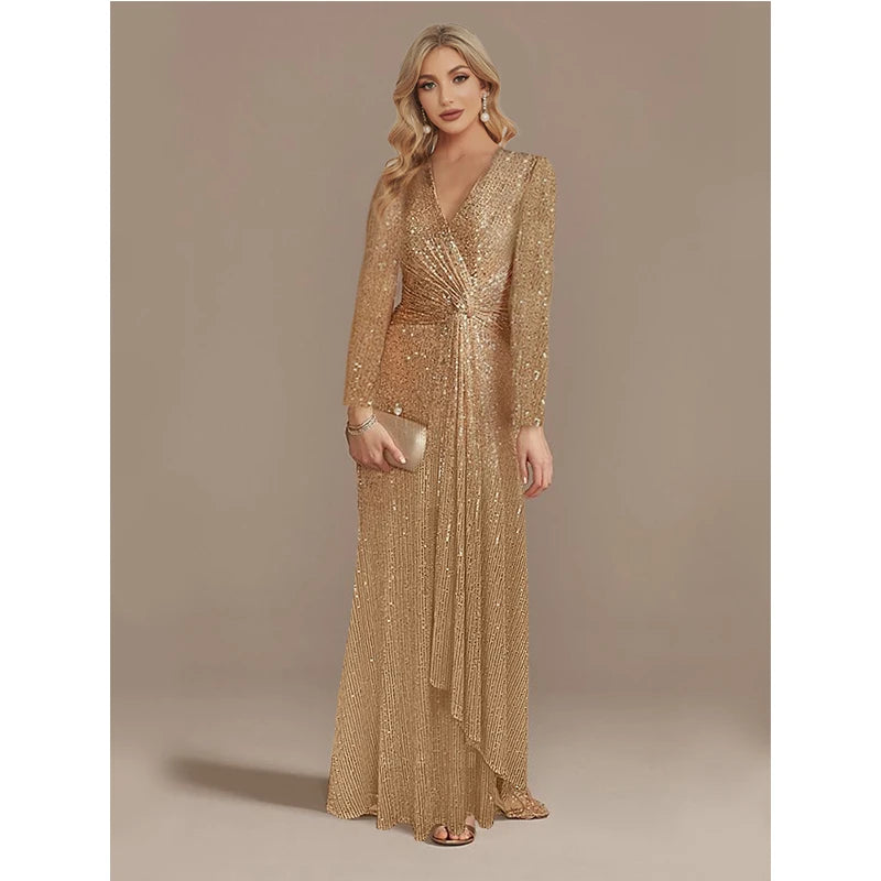 Luxury Long Sleeve V-Neck Formal Evening Dress Wedding Party Sequins Women Prom Cocktail Dresses