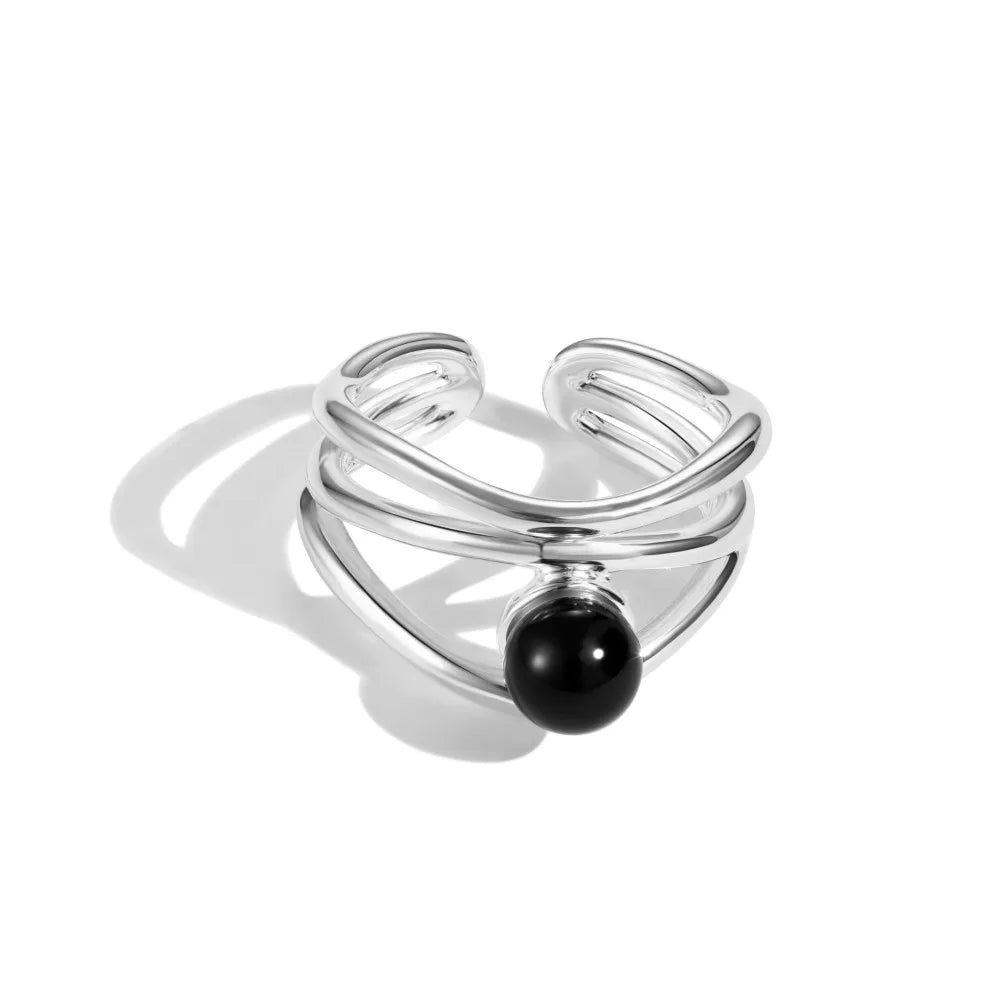 Fashion New Classic Design Black Onyx Double Band Simple Agate Open Adjustable Rings Jewelry Women 925 Sterling Silver Ring