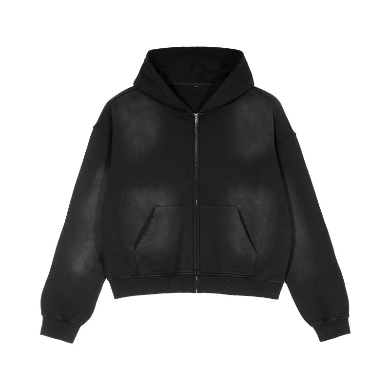 Unisex Heavy Cotton Zipper Sweatshirt Custom Men Oversized Zip up Acid Washed Raw Hem Distressed Heavyweight Boxy Cropped Hoodie