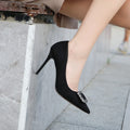 9cm Thin Heels Pumps Womens Rhinestone Fashion Shallow Flock Elegant Office Lady Nightclub Pointed Toe Thin Heels Full Dress