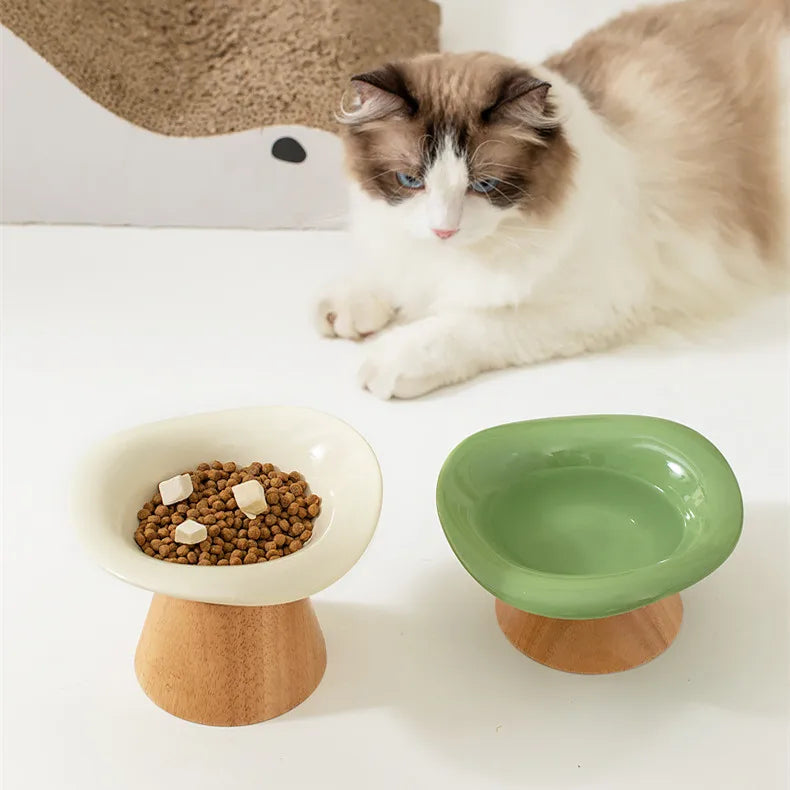 New Custom Raised Anti Choking Eco-Friendly Solid Dog Cat Ceramic Pet Food Bowl with Wooden Stand
