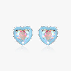 Fashion Daily Accessories 925 Sterling Silver Blue Enamel Hearts Ear Studs Rainbow Color Zirconia Stud Earrings for Women