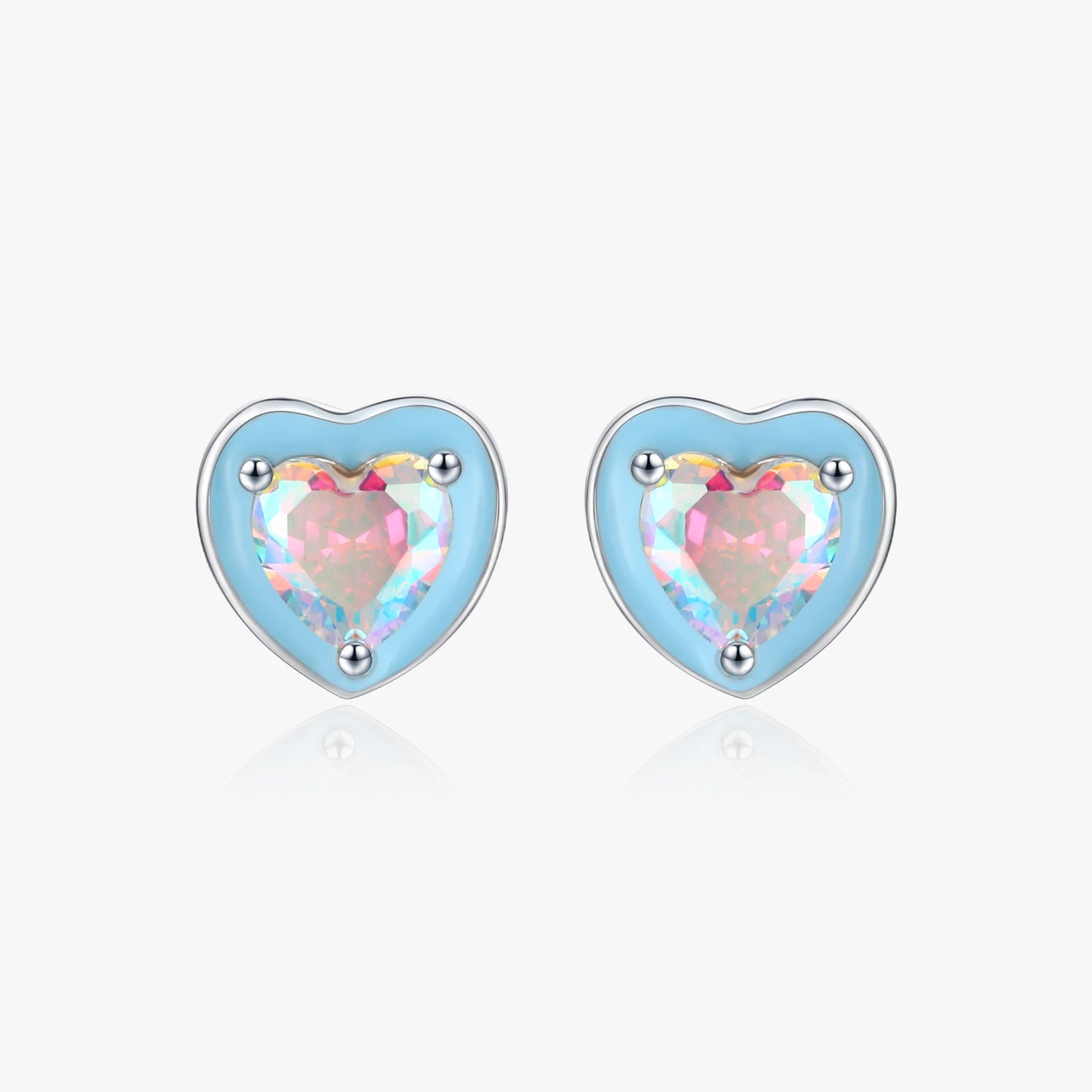 Fashion Daily Accessories 925 Sterling Silver Blue Enamel Hearts Ear Studs Rainbow Color Zirconia Stud Earrings for Women