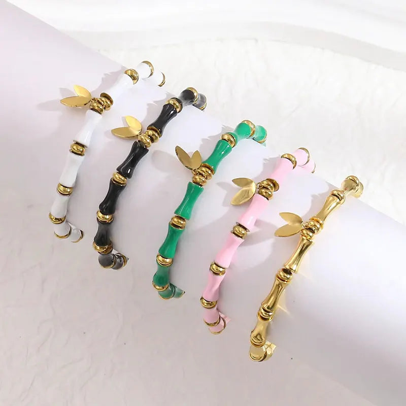 Trendy Bracelets Bangle 18K Gold Plated Color Bamboo Joint Elastic Rope Stainless Steel Jewelry Wholesale Bone Shape for Women