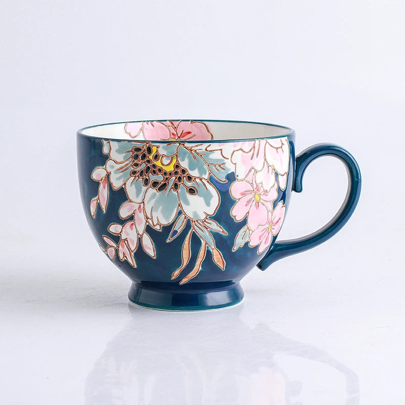 15oz Colorful Glossy Glaze Hug Mug Ceramic Cappuccino Mugs Americano Cups Under Glaze Color Handmade Flower Soup Cup