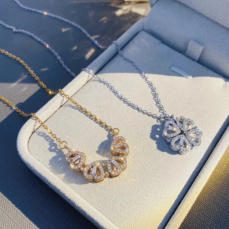 Fashion Zircon Stainless Steel Necklace New Design Heart Four-leaf Clover Necklace Magnetic Zircon Pendant Necklace for Women