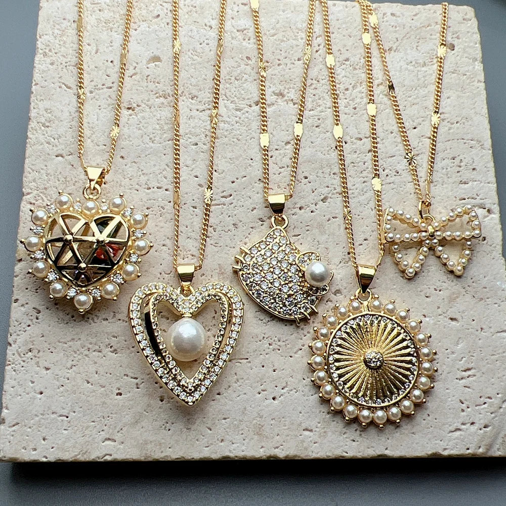Wholesale Fashion Zircon Pearl Bow Knot Heart Pendant Necklace for Women Trendy Jewelry Gift
