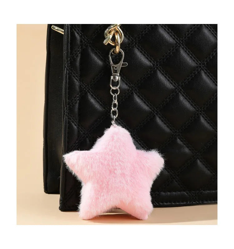 Colorful Soft Plush Star Shape Pompom Keychain Faux Rabbit Fur Ball Keyring for Handbag Car Key Ring Charm