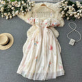 Summer Short Sleeve Strapless Floral Mesh Casual Dress Women High Waist Puff Sleeve Midi Spaghetti Slip Dress Clothes Women