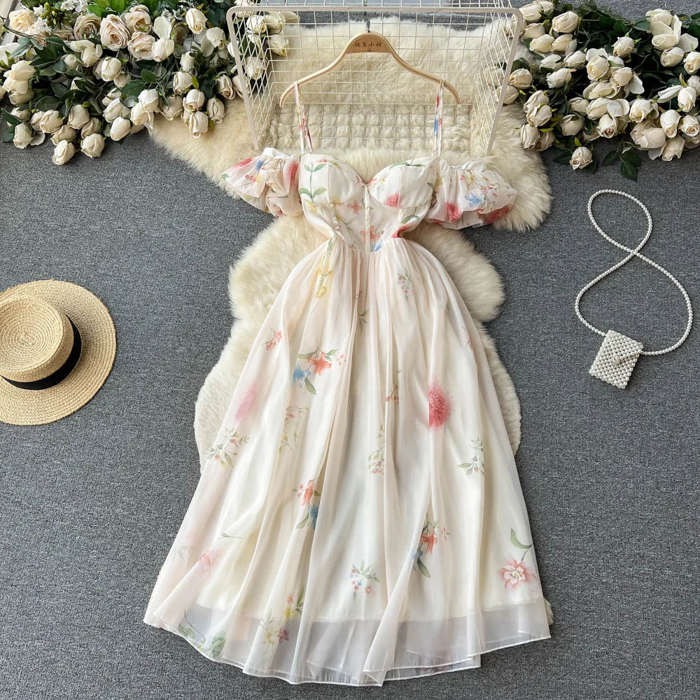 Summer Short Sleeve Strapless Floral Mesh Casual Dress Women High Waist Puff Sleeve Midi Spaghetti Slip Dress Clothes Women