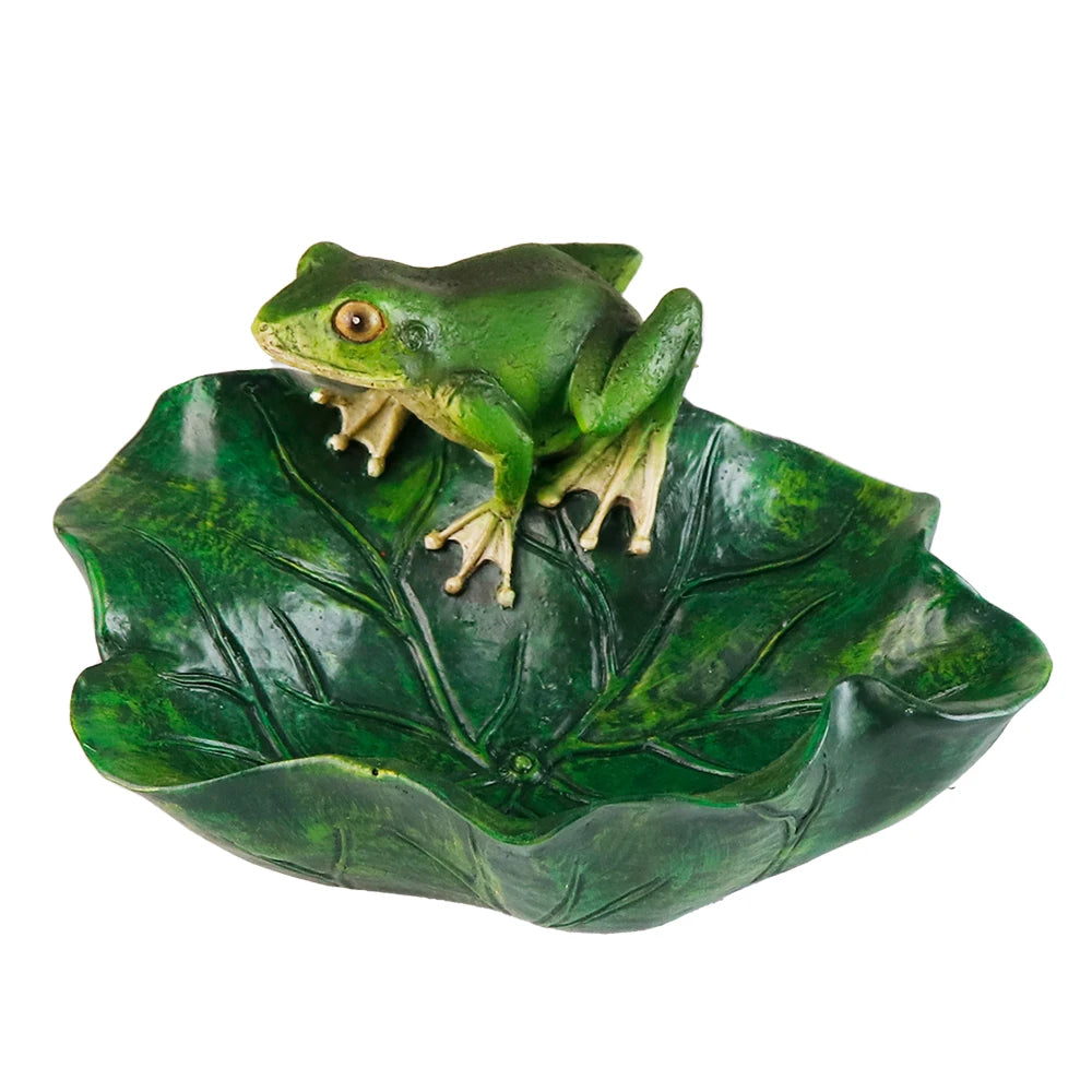 Frog on Lotus Leaf Bird Bath Resin Frog Figurine for Garden Decor