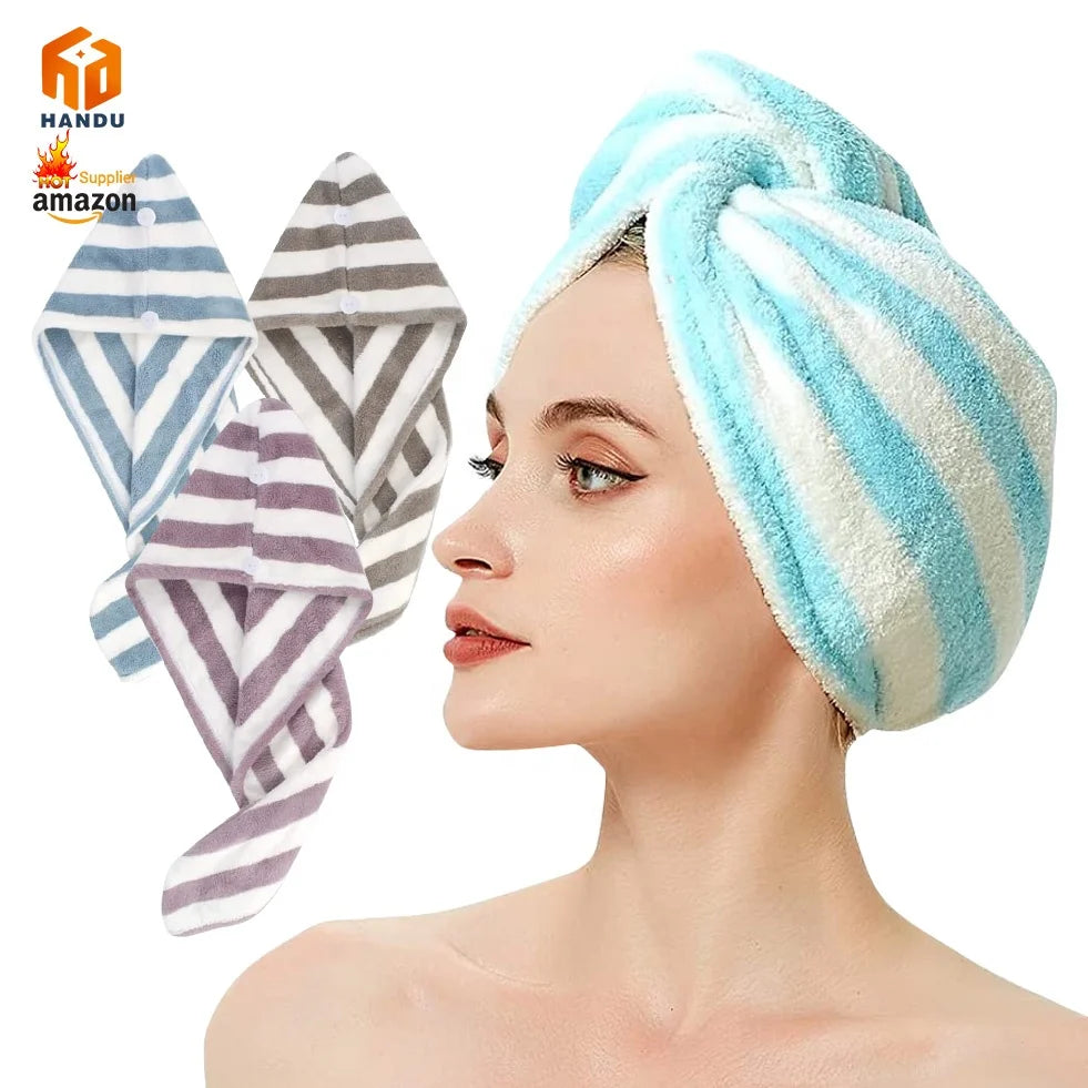Customized Logo Microfiber Hair Drying Cap Women's Quick Dry Turban Stripe Towel for Beach or Bath Use Super Absorbent