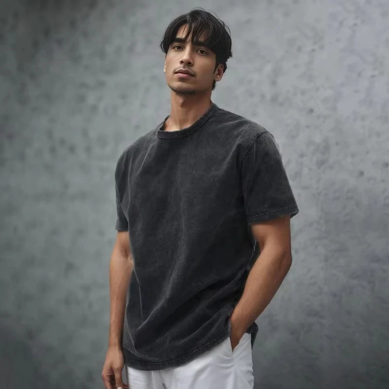 Men's Unisex Knitted Stone Washed T-Shirts 100% Cotton Oversized Acid Wash Solid Pattern Casual Style Loose Fit 220gsm Weight