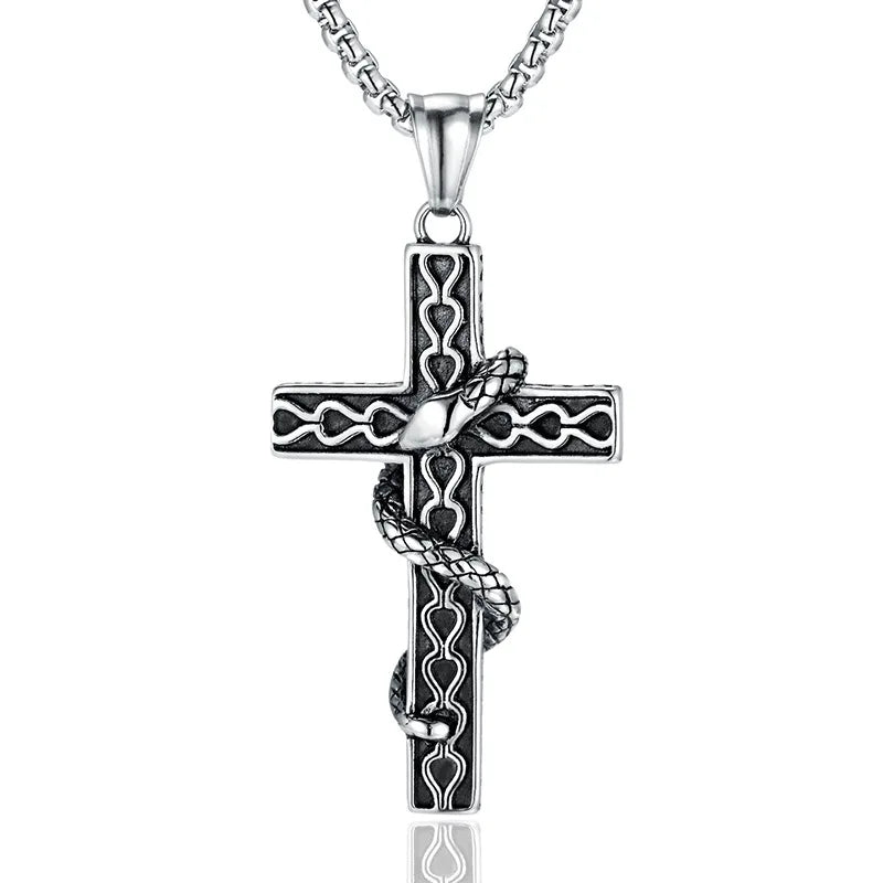 New Religious Jewelry Stainless Steel Men's Winding Snake Cross Necklace