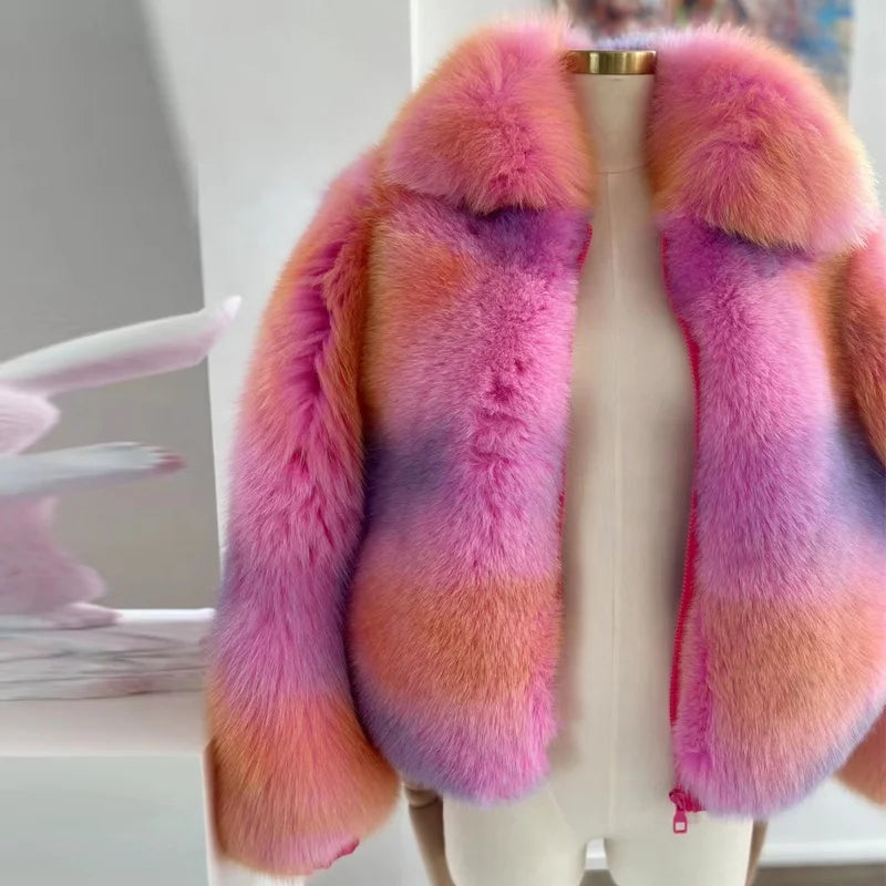 Fluffy Fur Coat Ladies Fox Fur Jacket Turn-Down Collar Ladies Bomber Fur Coat Outerwear