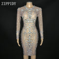 Sparkly Silver Rhinestones See Through Dress Prom Party Mesh Outfit Women Dance Dress Birthday Celebrate Dress