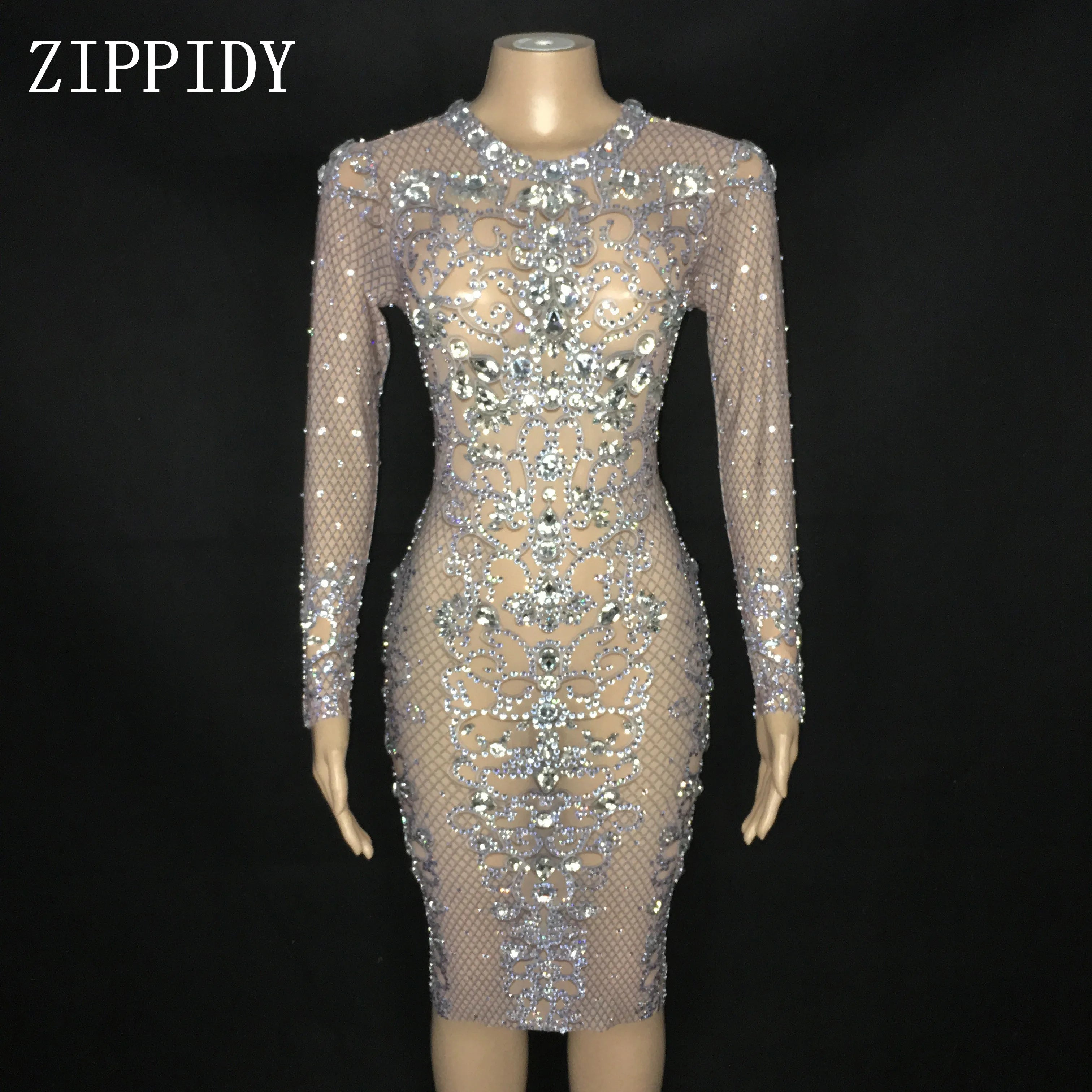 Sparkly Silver Rhinestones See Through Dress Prom Party Mesh Outfit Women Dance Dress Birthday Celebrate Dress