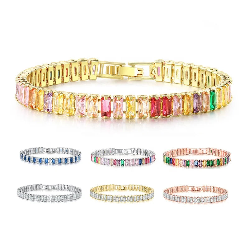 Wholesale Women rainbow Colored 2.5*5mm Crystal Tennis Chain Bracelet Silver Rose Gold Iced Zircon Brass Rose Geometric Gift