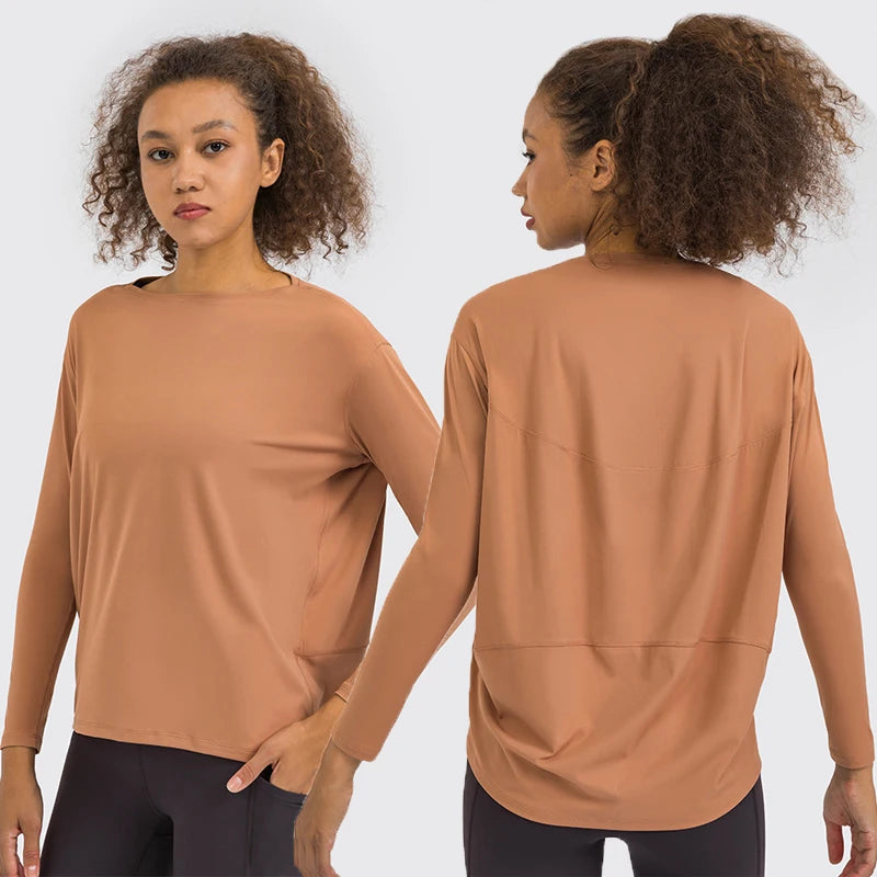 SHINBENE Fitness Gym Workout Oversize Pullover Tops Women's Long Sleeve Shirt Solid Sport Jersey