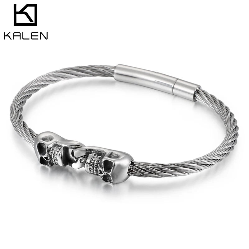 KALEN Stainless Steel  Silver Skull Charm Bracelets for Men