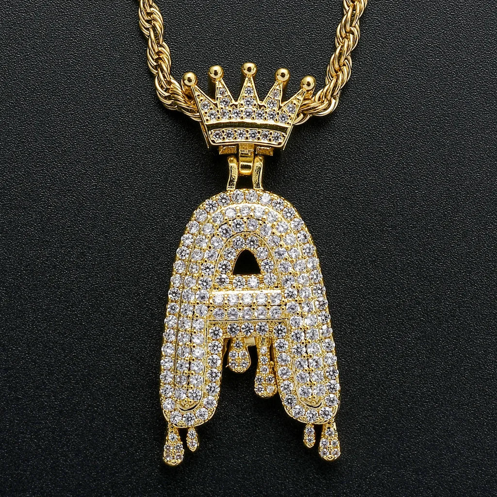 2022 Hot Selling Men's Bling Bling Iced Out Letters Crown Initial Letter Necklace Fashion Bubble Letter Necklace