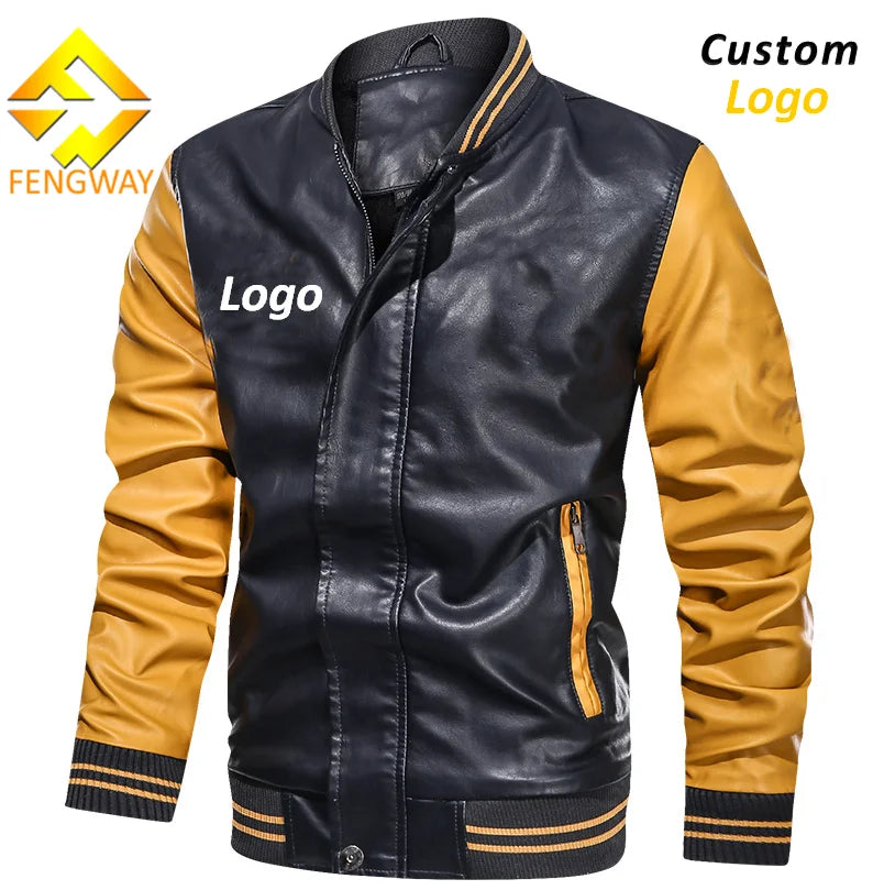 Fengway Custom Spring Streetwear Men Motorcycle Jacket Patchwork Zip-Up Pu Leather Windproof & Breathable