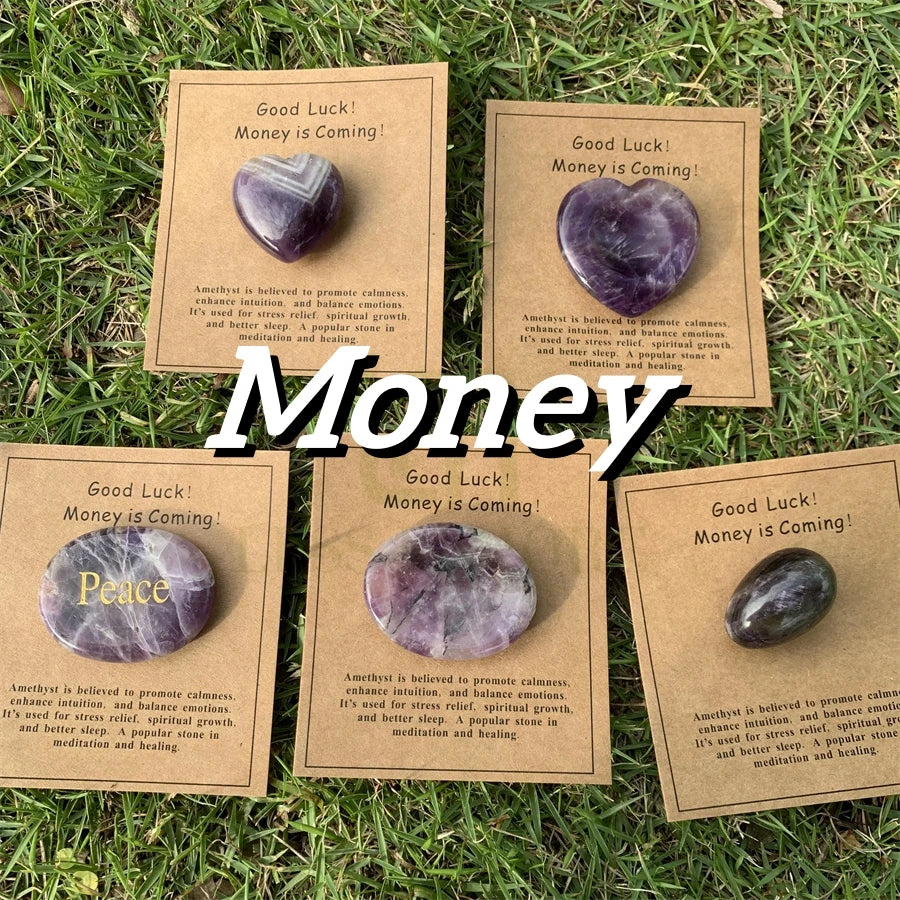 Natural Amethyst Worry Stone Egg Heart Crystal Carved for Spiritual Growth Wealth Good Fortune Stress Relief Meditation