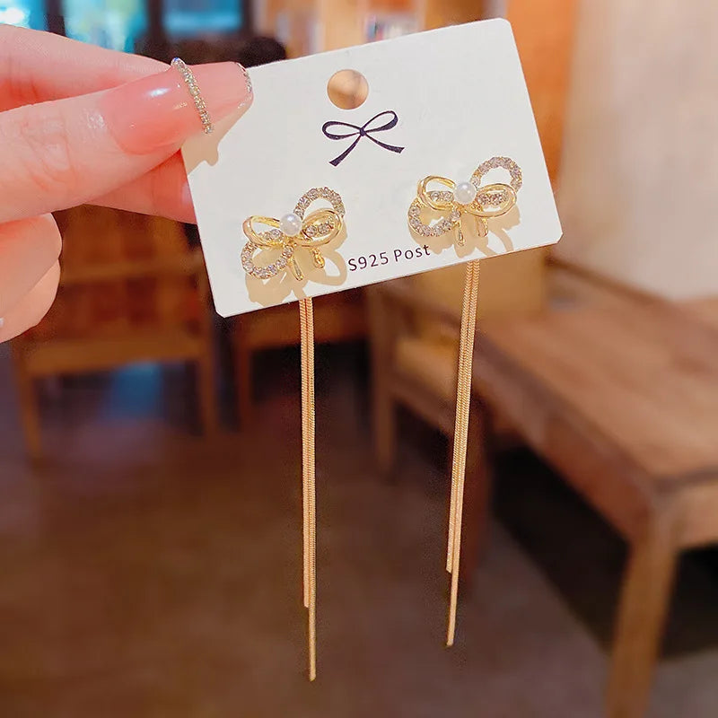 FanYue Summer Earrings 2022 Cute Long Tassels Bow Rhinestone Earrings for Women Girls Gold Pearl Silver Needle Stud Earrings