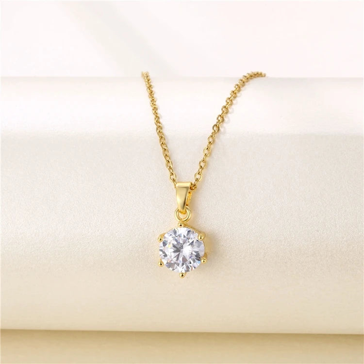 QR-02 Fashion Neck Jewelry Simple Gold Stainless Steel Metallic Zircon Diamond Pendant Necklace