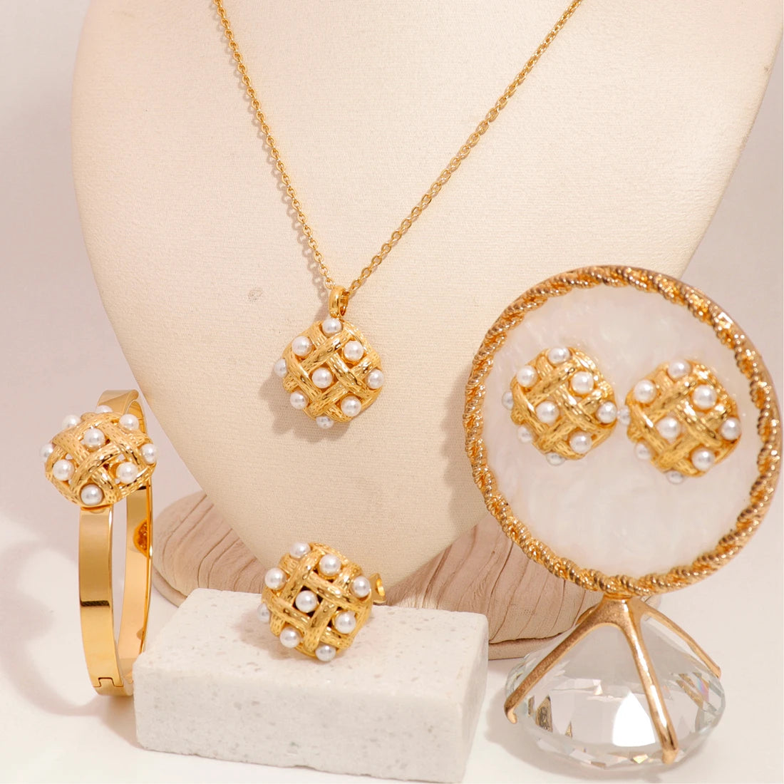 Custom Women's 18K Gold Plated Fine Jewelry Set Triangle Element Stainless Steel with Pearl for Party Occasions